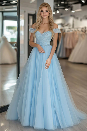 Dentelle Tulle Une Ligne Bleu Ciel Épaule Dénudée Robe de Bal